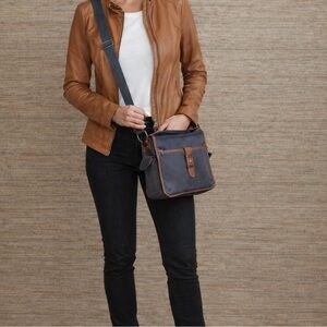 Fossil Vintage Y2K Crossbody Bag Charcoal Gray Canvas & Brown Leather Handbag